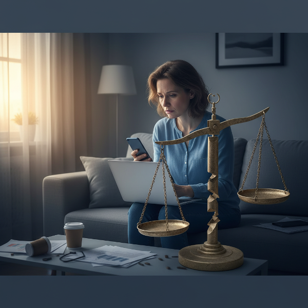 En kvinde føler sig fanget i arbejdsstress om aftenen, med en symbolsk, ødelagt vægtstang for balance og et svagt håb om ro.