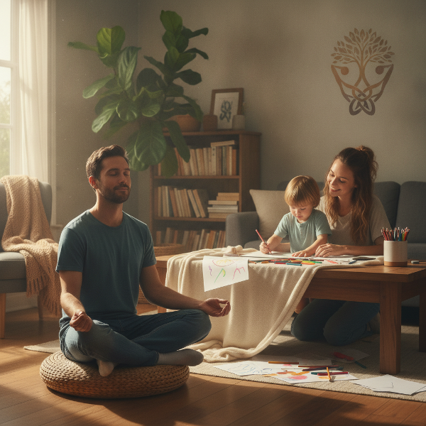 En rolig familiestund, hvor faderen mediterer i baggrunden, og partneren og barnet tegner sammen i forgrunden, symbolsk for balance mellem selvudvikling og familieliv.