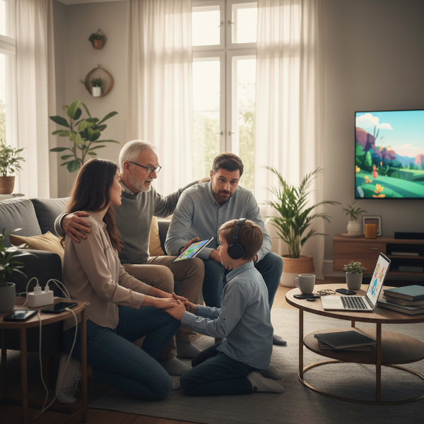 En mand i 60'erne støtter sin søn og svigerdatter, mens de passer deres autistiske barn. Billedet viser familiehjælp og følelsesmæssig støtte i en varm hjemmemiljø.