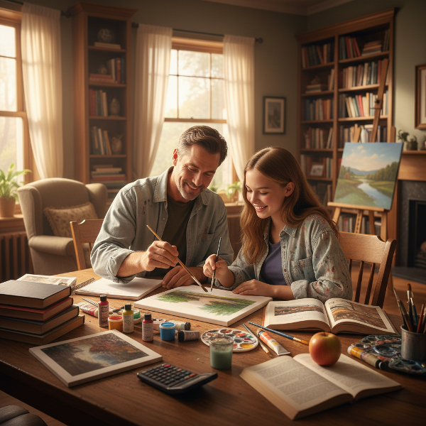 Et billede af en far og hans teenage-datter, der maler sammen i et lyst rum, hvor skolebøger og kunstmaterialer deler plads på bordet, som symbol på balance mellem uddannelse og passion.
