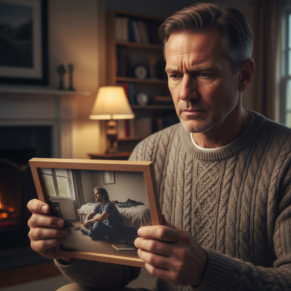 En far ser på et foto af sin voksne søn, der sidder alene og fjern på sit værelse, mens han tænker over hvordan han bedst kan støtte ham.