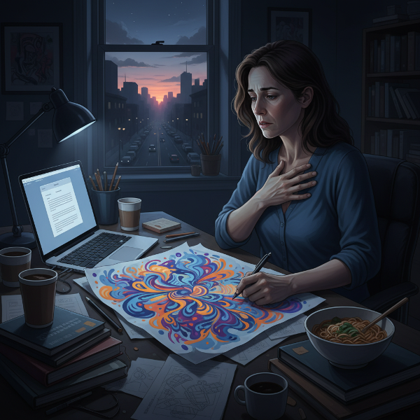 En kvindelig designer oplever natlig angst og tvivl ved sin computer, men finder en vej tilbage gennem en spontan, farverig tegning.