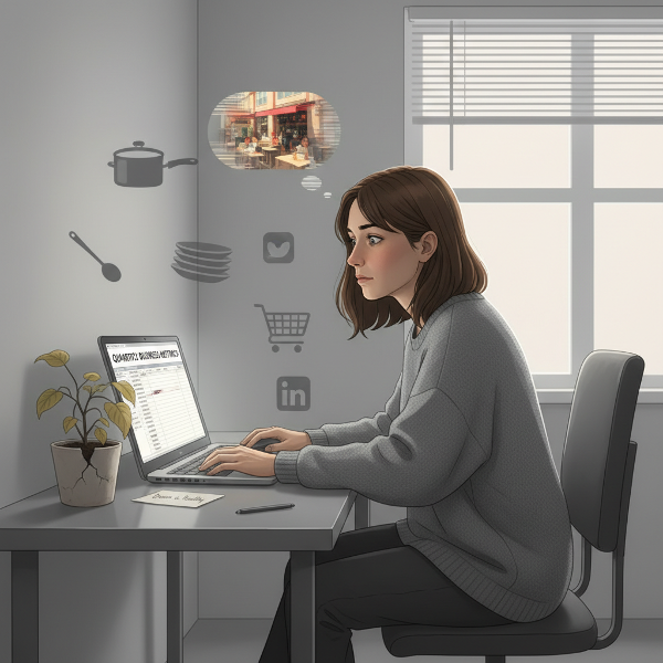 En kvinde oplever følelsesmæssig tomhed og apati i sin egen virksomhed, omgivet af flade, meningsløse dagligdagsobligationer.