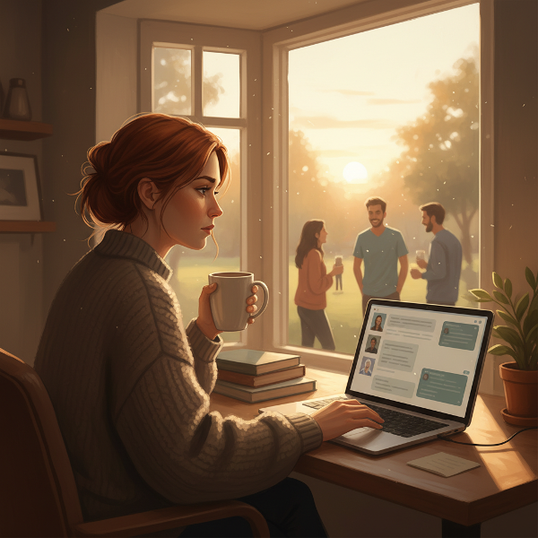 En kvindelig iværksætter føler sig isoleret mens hun arbejder hjemmefra, omgivet af digital kontakt men mangler virkelig forbindelse.