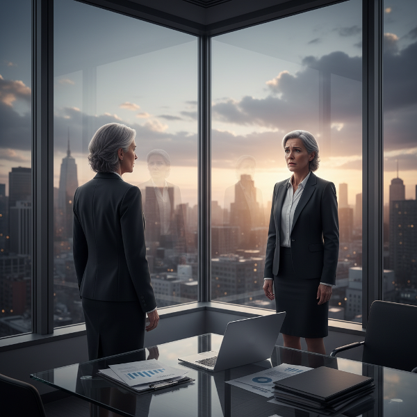 En kvindelig direktør i sit kontor kæmper med selvtvivl og bedragerfænomenet, symboliseret ved hendes refleksion i vinduet.