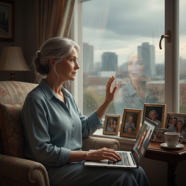 En 63-årig kvindelig psykolog føler sig alene derhjemme, mens hun arbejder med at hjælpe andre online, og ser ud ad vinduet med et savnende udtryk.