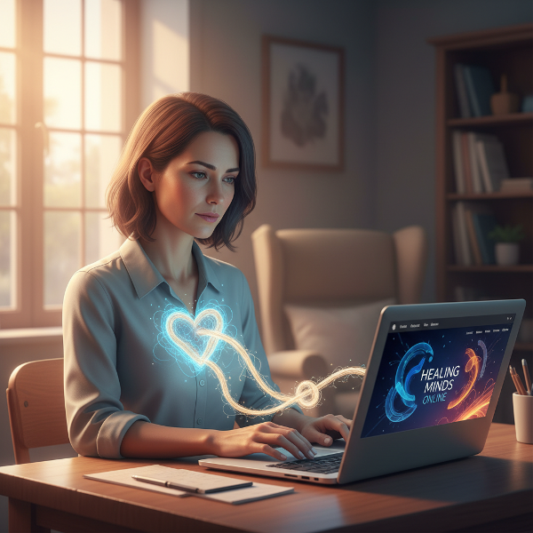 En træt, men omsorgsfuld kvindelig terapeut sidder foran sin bærbare. En lysende tråd forbinder hende med skærmen, men er ved at briste, symbolsk for balancen mellem arbejde og selvomsorg.