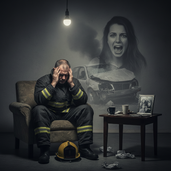 En brandmand i uniform sidder alene og overvældet, mens et spøgelsesagtigt billede af en bilulykke og et skrig vises i baggrunden.
