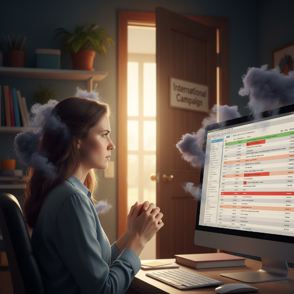 En kvindelig grafisk designer oplever overvældende angst foran sin computer, mens en stor karrieremulighed venter. Billedet viser den indre konflikt mellem frygt og ambition.