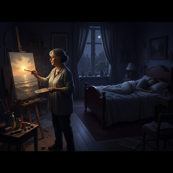 En kvinde maler om natten, mens hendes mand sover langt væk i den samme seng. Et svagt håbfuldt lys skinner fra lærredet, men en kløft af skygger skiller dem.