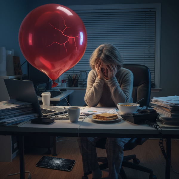 En kvinde i hjemmekontor med knust telefon og en ballon der er pumpet for hårdt op, som symbol på stress og udviskede grænser mellem arbejde og privatliv.