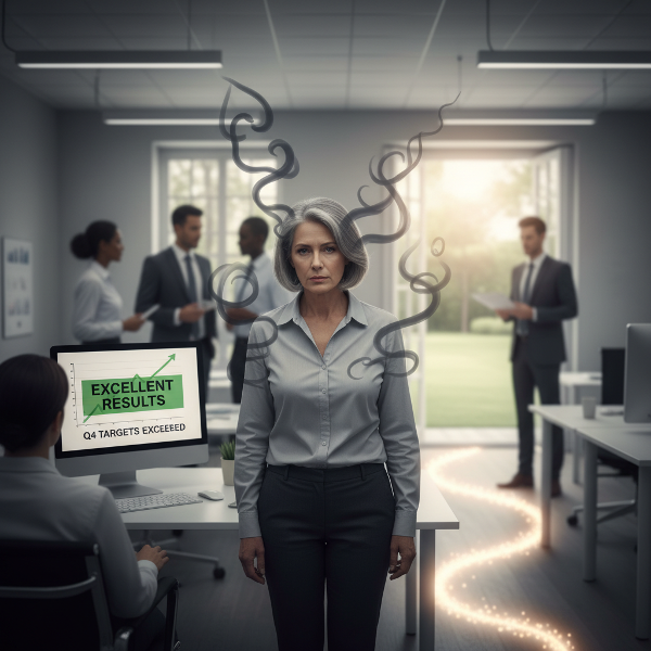 En kvinde føler sig usynlig og stresset på arbejde, omgivet af slørede kolleger og fjern ledelse, mens hun søger mod lys og balance.