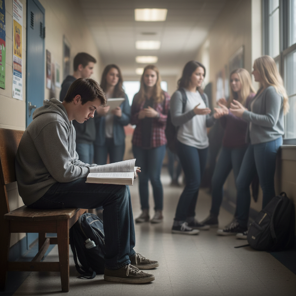En ung mand føler sig ensom og uset i en travl gymnasiegang, selvom han er omgivet af klassekammerater, hvilket påvirker hans motivation og skolearbejde.
