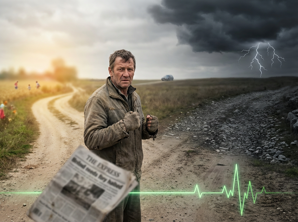 En mand i midten af livet står ved et vejkryds mellem ro og vrede, omgivet af symboler på stress og mistet kontrol.