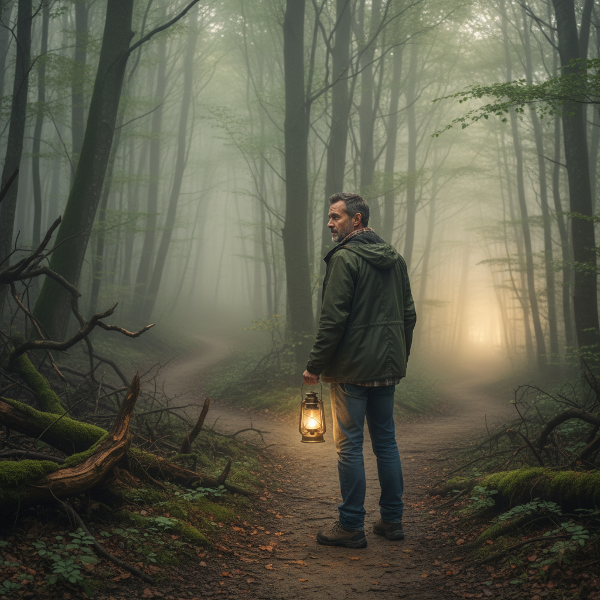 En mand i en tåget skov står ved et vejkryds og ser tilbage på en vej med forhindringer, mens et svagt lys skinner foran ham.