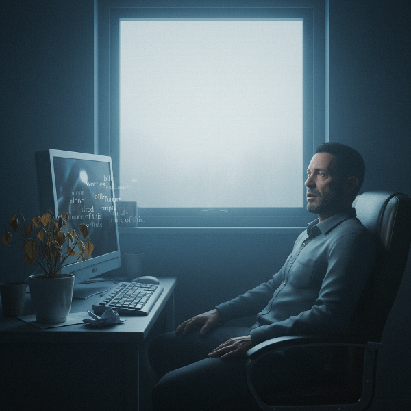 En mand sidder foran en computer i et dunkelt rum, omgivet af tåge og med et tomt udtryk, der symboliserer følelsesmæssig udtømning og apati.