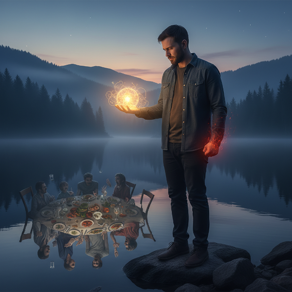 En mand står ved en sø og balancerer mellem vrede og ønsket om intimitet, med et forstyrret familieafspejling i vandet.