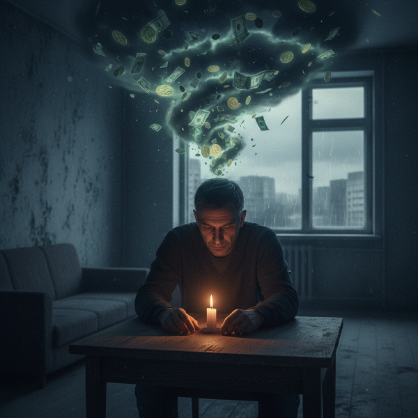 En mand i en nøgen lejlighed med en sky af økonomisk angst over sig, men med et lille lys af indre styrke foran ham.