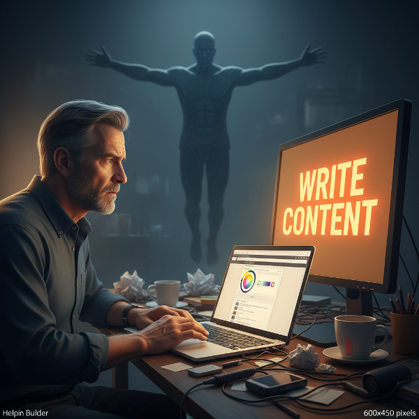 En mand sidder stresset ved sit skrivebord og fokuserer på små website-detaljer, mens de store opgaver og hans abstrakte mål føles overvældende og fjerne.