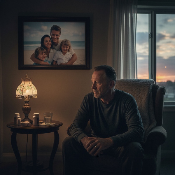 En mand i 40'erne sidder alene i en stue og betragter et familieportræt, mens han kæmper med følelser af skyld og sorg over en partners kroniske sygdom.