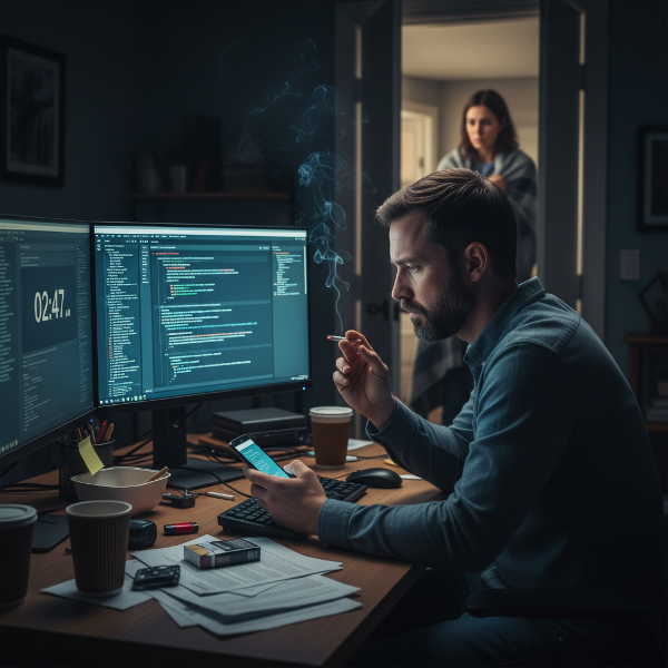 En mand med arbejdsstress og vaner, der søger balance mellem arbejde, afhængigheder og parforhold.