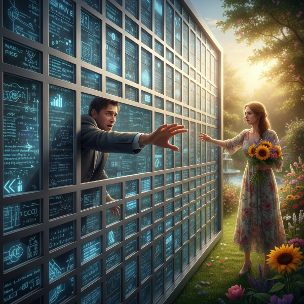 En mand fanget i et kæmpestort Excel-ark rækker ud mod sin kone i en farverig have, som symbol på hans tvangsmæssige budgetkontrol og dens konsekvens for forholdet.