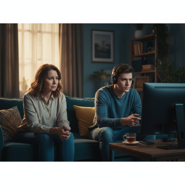 En kvinde og en yngre mand i en stue, han spiller computer, hun ser bekymret og isoleret ud.