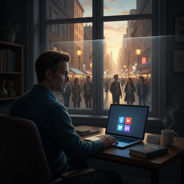 En mand føler sig fanget i ensomhed hjemme i sit kontor, adskilt fra den sociale verden udenfor, mens han kigger på en skærm.