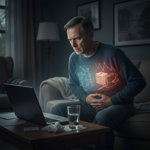 En mand oplever mavesmerter foran sin computer, mens gennemsigtige billeder af familiestrid og virksomhedspres vises i hans krop.