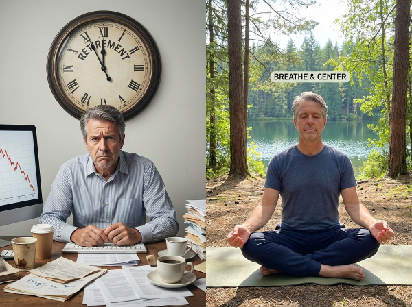 Et billede af en midaldrende mand, der kæmper med arbejdsrelateret angst og økonomisk usikkerhed, med symboler på tidspres og rodfinding.