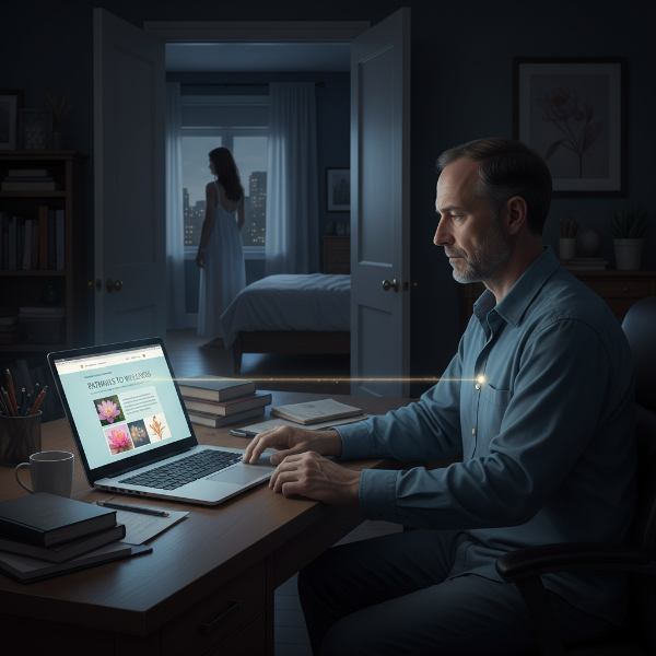 En mand i hjemmekontor ser på sin psykologihjemmeside, mens hans kone er i et andet værelse. En svag lysstrimmel mellem dem symboliserer følelsesmæssig distance og længsel efter forbindelse.