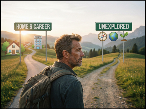 En mand i midten af livet står ved et vejkryds og betragter mulighederne mellem kendte milepæle og nye, uudforskede stier.