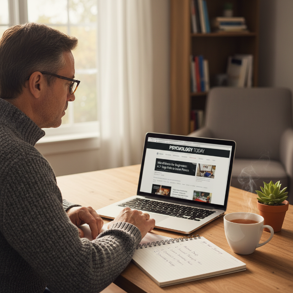 En mand i midten af livet sidder roligt ved sit skrivebord med en computer, symboliserende en rejse mod selvudvikling og håndtering af angst gennem små, bevidste skridt.