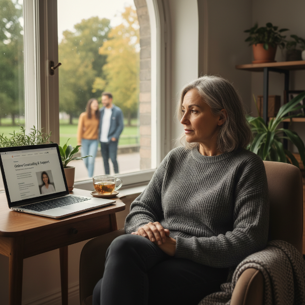 En 53-årig kvinde sidder alene i et stille rum og stirrer tankefuldt ud af vinduet, mens en computer med et rådgivningswebsted står åben. Udenfor går et par, der symboliserer den overfladiske forbindelse hun oplever.