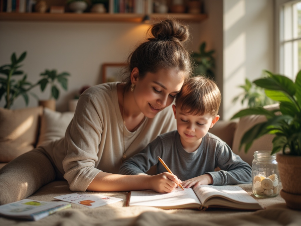 En mor og hendes autistiske søn arbejder med selvværd i et trygt hjem, omgivet af visuelle støtter og tegn på fælles vækst.