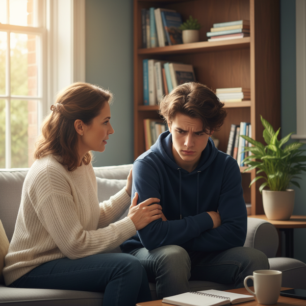 En mor og hendes teenage søn i et roligt, hjemligt miljø, hvor de forsøger at kommunikere, omgivet af bøger om personlig udvikling.