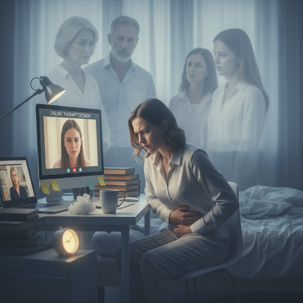 En ung kvinde oplever kvalme og udmattelse mens hun arbejder hjemmefra som psykolog, med familiære skygger der observerer og udviskede grænser mellem arbejde og hjem.