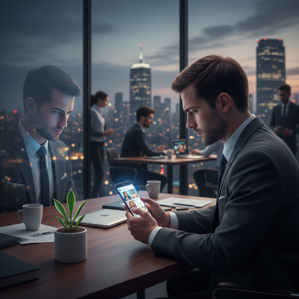 En ung mand på kontor føler usikkerhed ved at sammenligne sig med kolleger på sociale medier, mens et spirende symbol på skrivebordet repræsenterer håb om indre styrke.