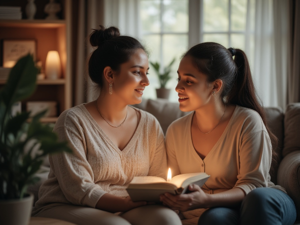 Et billede af en kvinde og hendes partner i et roligt, intimt hjem, der symboliserer, hvordan åben kommunikation og gensidig forståelse kan hjælpe med at overkomme OCD-udfordringer og bevare nærheden i forholdet.