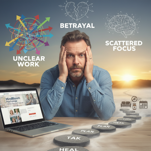 En mand føler sig overvældet af uklare arbejdsopgaver og et tillidsbrud, mens en vej viser mod terapi og struktur for at finde balance.