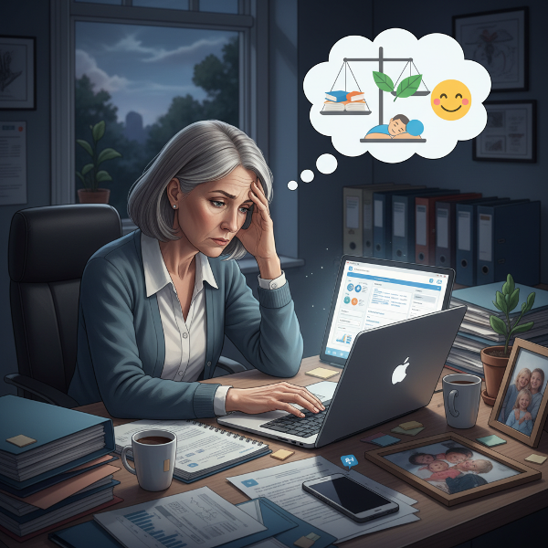 En midaldrende kvindelig skoleleder sidder ved et rodet skrivebord med en computer, omgivet af stakke af papirer, mens hun ser udmattet ud. Udenfor vinduet er det mørkt, og en familie venter i baggrunden.