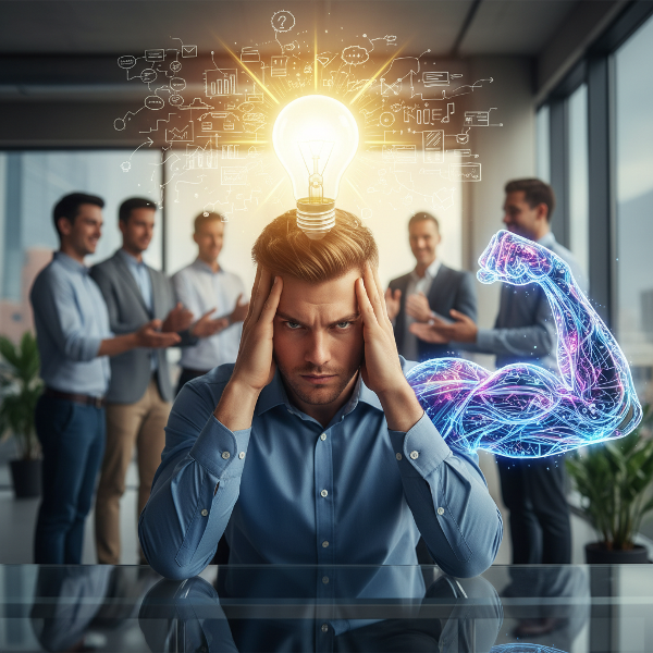 En ung mandlig teamleder i et moderne kontor, der føler sig overvældet, men finder styrke. Billedet viser mentale muskler, en pære for ideer og et støttende team i baggrunden.