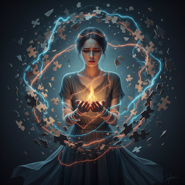 En ung kvinde omgivet af knuste puslespilsbrikker og et net af lysende tråde, der symboliserer den indre kamp med perfektionisme og vrede, mens hun forsigtigt holder en lille, blussende gnist af selvmedfølelse.