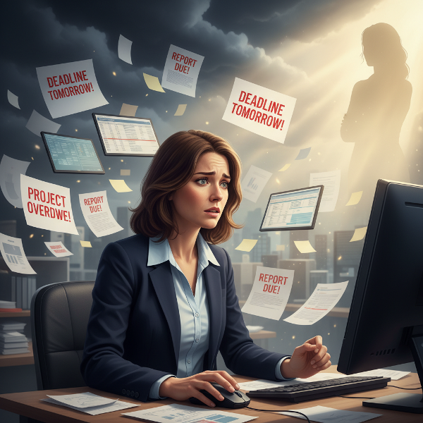 En kvinde føler sig overvældet af arbejdspres ved sit skrivebord, mens et mildt lys symboliserer støtte og vej ud af angsten.