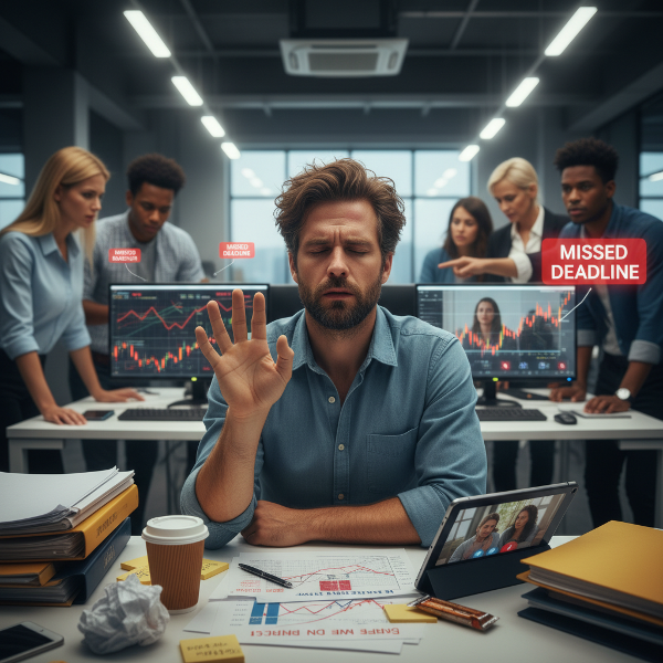 En mand i kontormiljø oplever stress og vrede, mens han prøver mindfulness-øvelser for at håndtere følelserne.