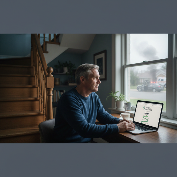 En mand sidder ved sit arbejde med et online rådgivningswebsite, mens han kigger mod en svag erindring om en bilulykke udenfor. Trapper i forgrunden symboliserer hans klaustrofobi.