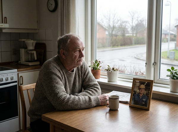 En mand i starten af 60'erne sidder alene ved et køkkenbord i morgenlyset og stirrer tomt ud ad vinduet, mens et gammelt arbejdsfoto ligger ved siden af. Billedet formidler følelsen af tomhed og identitetssøgning efter overgangen til pensionen.