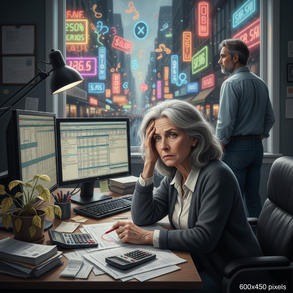 En kvinde omgivet af budgetark og en fjern mand, med en by fuld af prisskilte udenfor vinduet.