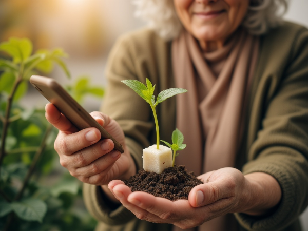 Et billede af en kvinde, der symbolsk giver slip på gamle vaner og nærer noget nyt og smukt med kærlighed.