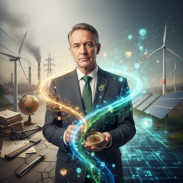 En erfaren energirådgiver står ved et skillevej mellem traditionel viden og nye digitale teknologier, mens han reflekterer over sin rolle.